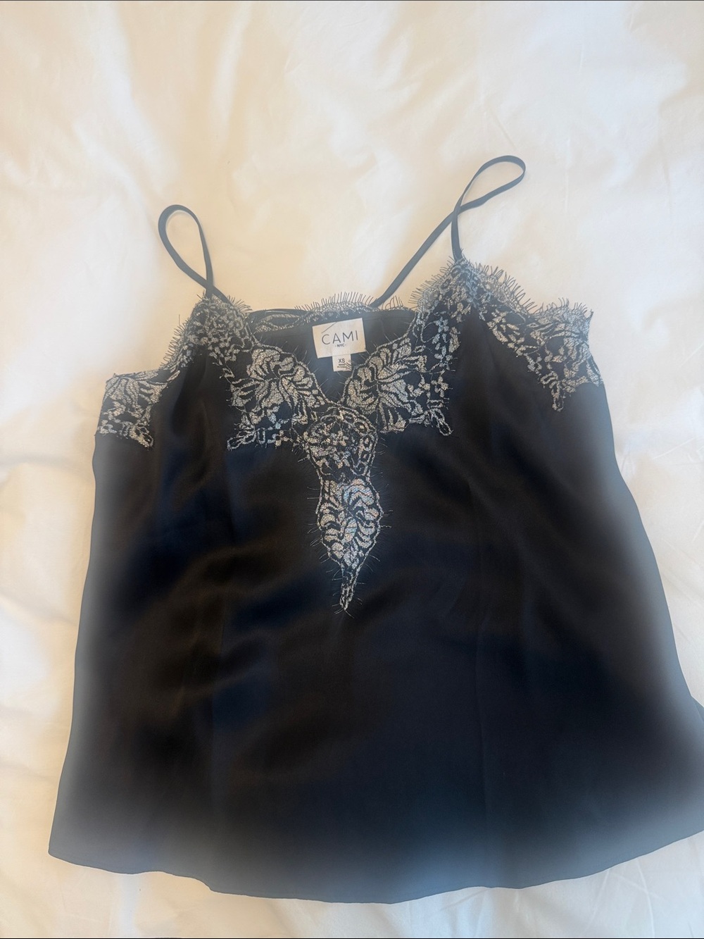 CAMI Black Silk Cami with Silver Lace Trim size xs